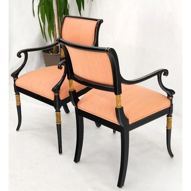 Wood Pair Regency Ebonized Gilt Craved Fireside Dining Arm Chairs Horn Shape Leg For Sale - Image 7 of 13