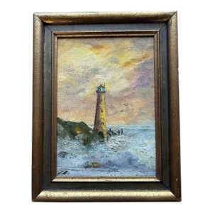 Small Vintage Impressionist Oil Painting of Lighthouse in Gold Frame