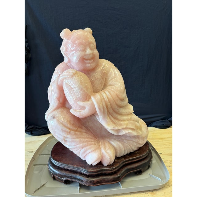 Mid 20th Century Large Vintage Chinese Carved Rose Quartz Boy Sculpture on Hardwood Stand For Sale - Image 5 of 7