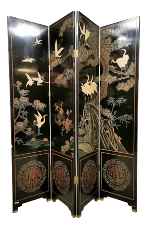 Asian Lacquered Room Divider Depicting Crane Birds