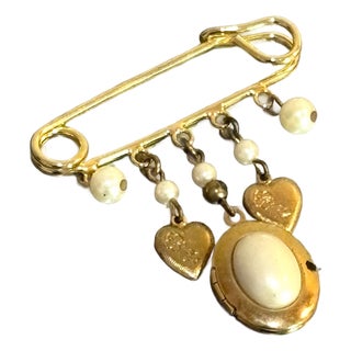 1960s-70s Gold Tone/Faux Pearl Safety Pin Locket Brooch For Sale