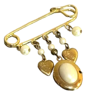 1960s-70s Gold Tone/Faux Pearl Safety Pin Locket Brooch