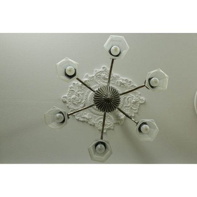 Art Deco French Bronze and Frosted White Glass Six-Light Chandelier, 1930s For Sale - Image 9 of 18
