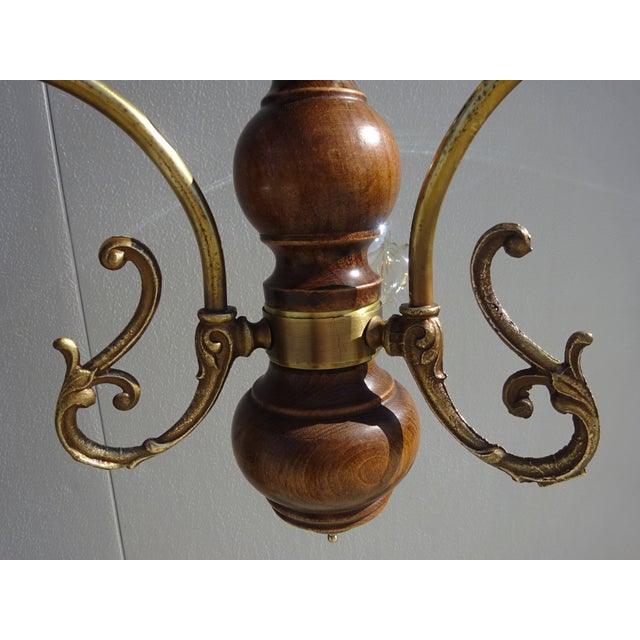 1980s Three-Light Chandelier in Wood, Bronze and Glass, 1980s For Sale - Image 5 of 15