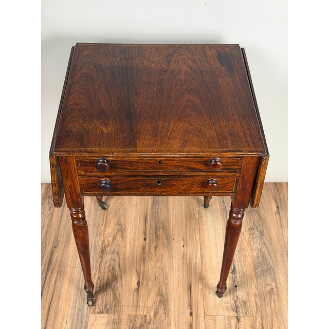 Brown English Regency Rosewood Two-Drawer Drop-Leaf Work Table With Brass and Satinwood Inlay, Circa 1820–1840 For Sale - Image 8 of 11
