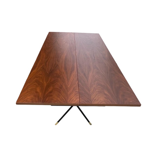 Vintage Rare Mid Century Modern X-Base Wrought Iron Walnut Flip Top Walnut Dining Table / Console / Desk Restored Brass For Sale - Image 10 of 12