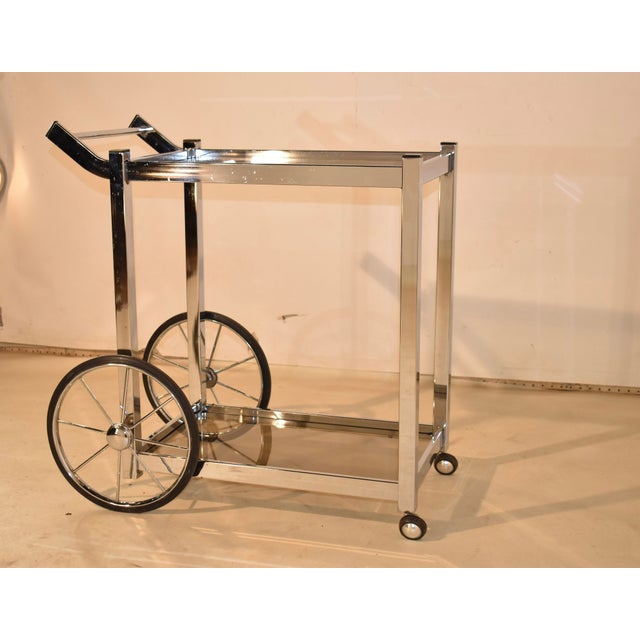 Mid-Century Modern Mid-Century Chrome and Smoked Glass Two Tier Rolling Bar Cart For Sale - Image 3 of 12