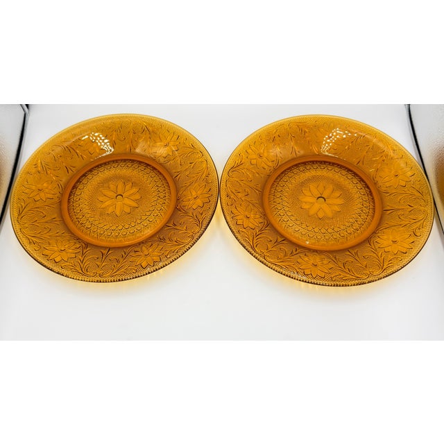 1960s 1960s Indiana Sandwich Glass Tiara Amber 2pc Set Dinner Plates For Sale - Image 5 of 5