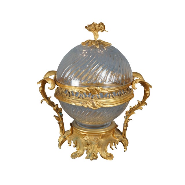 Large and impressive French Louis XV style ormolu-mounted crystal incense burner / centerpiece bowl and cover. Features...