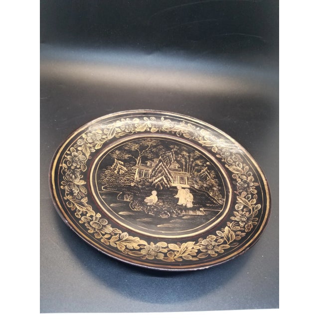 Vintage Asian Handpainted Wood Plate With Gold Accent.Scene For Sale - Image 4 of 4