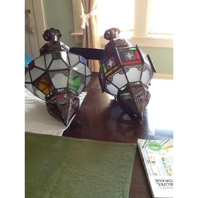 Antique Moroccan lamp - completely rewired for US use for sale. Beautifully hand crafted in Morocco with color glass that...