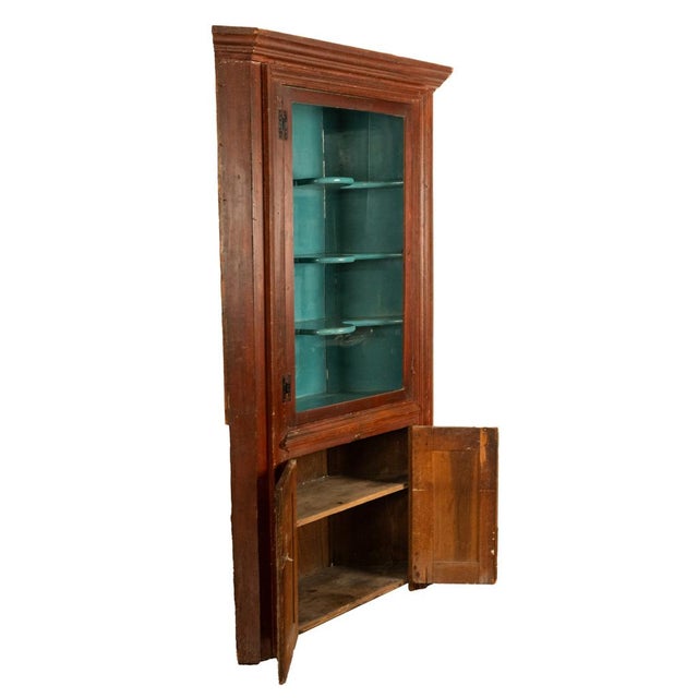Brown Antique American Painted Pine Federal Country Corner Cabinet Pennsylvania 1820 For Sale - Image 8 of 16
