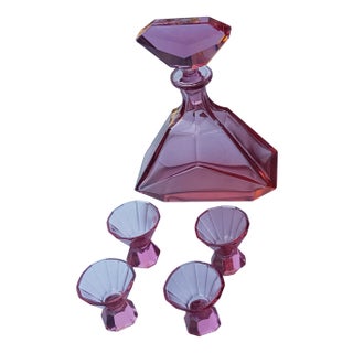 Art Deco Pink Crystal Glass Decanter with Glasses, Set of 3 For Sale