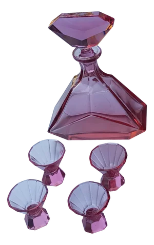 Art Deco Pink Crystal Glass Decanter with Glasses, Set of 3