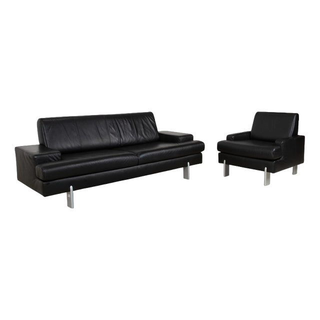 AK 644 3-Seater Sofa and Lounge Chair in Black Leather from Rolf Benz, Set of 2 For Sale