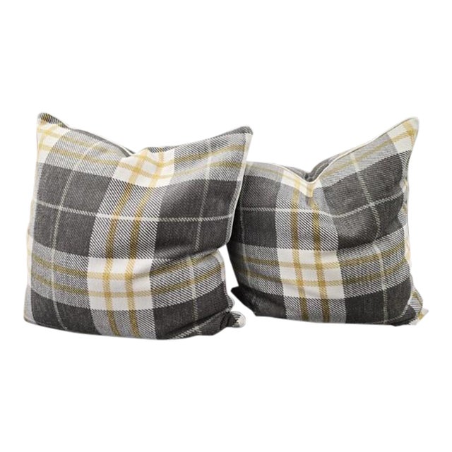 Pair of Charcoal & Yellow Plaid Pillows With Inserts For Sale