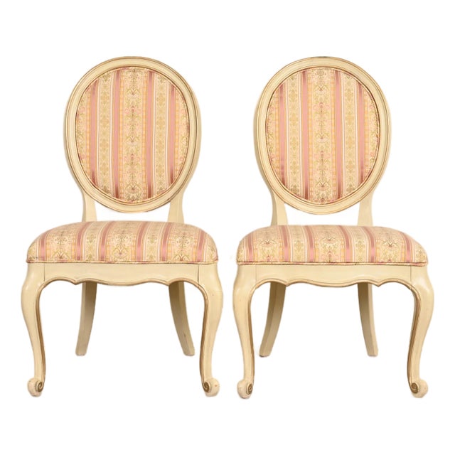 Karges French Provincial Louis XV Cream Lacquered and Gold Gilt Side Chairs or Dining Chairs, Pair For Sale