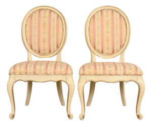 Karges French Provincial Louis XV Cream Lacquered and Gold Gilt Side Chairs or Dining Chairs, Pair