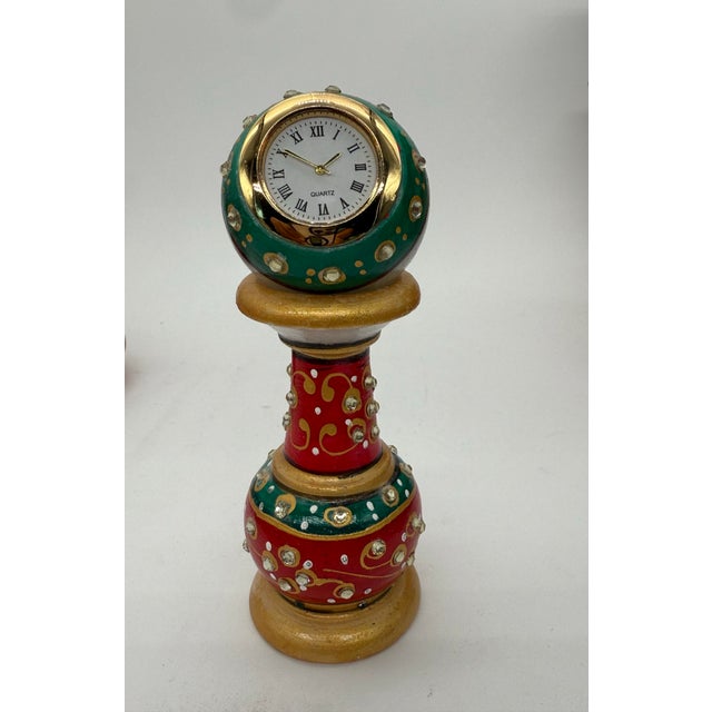 Green Marble Meenakari Table Clock For Sale - Image 8 of 12
