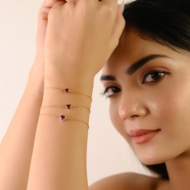 Ruby Red VRJewels Minimalist Prong Set 14k Solid Gold Ruby Heart Bracelet for Love For Sale - Image 8 of 14