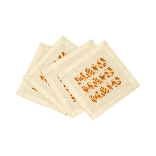 2020s Mahj Mahj Mahj Orange Mahjong Cotton Sateen Cocktail Napkins, Set of 4 For Sale - Image 5 of 5