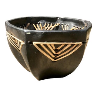 Vintage Handmade Clay Bowl With Straw Detailing For Sale