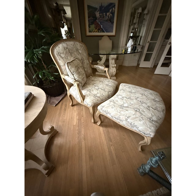 Nancy Corzine bergère style lounge chair & matching ottoman in original Donghia upholstery. Excellent condition with...