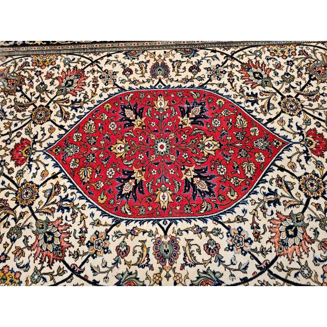 Vintage Qum Area Rug, Hand-Knotted Wool & Silk, Floral Medallion Pattern, 5x7, Ivory & Red For Sale - Image 16 of 18