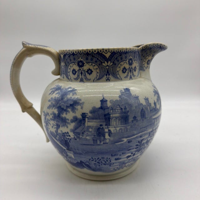 Antique English Blue Transferware Pitcher, Romantic Landscape With Castle For Sale - Image 4 of 13