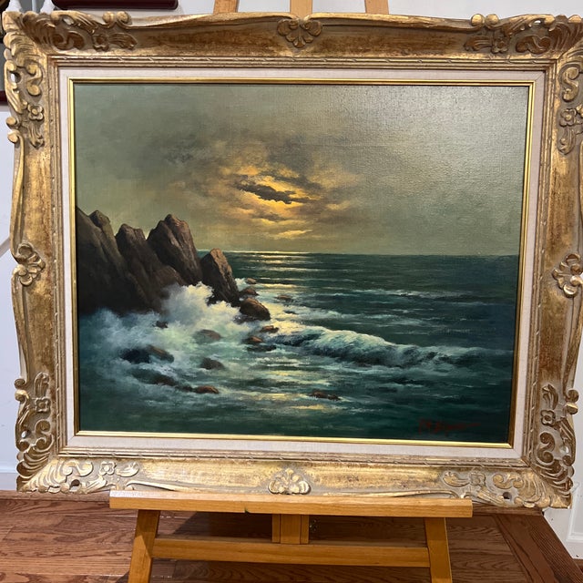 Oil on canvas seascape at sunset by Peter Hermann Schmidt German American artist signed framed