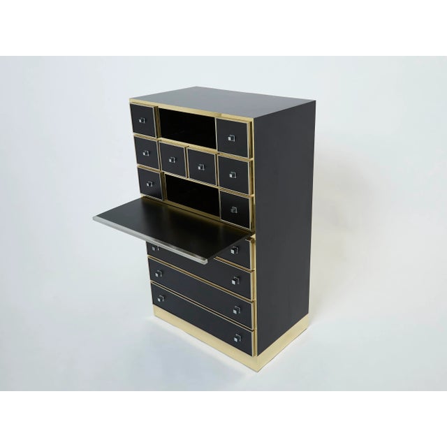 1970s 1970s Vintage Michel Pigneres Brass Chrome Black Cabinet Secretaire For Sale - Image 5 of 13