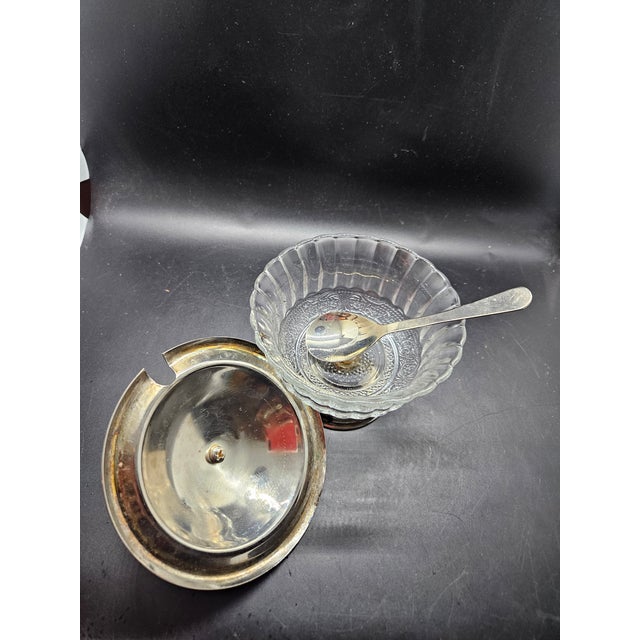 Shabby Chic Vintage Silver-Plated/Chrome Condiment Dish or Jam Pot, Likely Featuring Lapis Lazuli Stone Accents With Spoon For Sale - Image 3 of 7