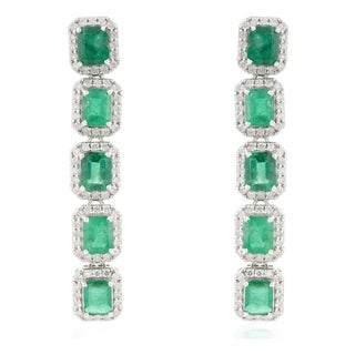 4.07 Ct Emerald Diamond Linear Art Deco Drop Earrings in 14k White Gold- 2 Pieces For Sale
