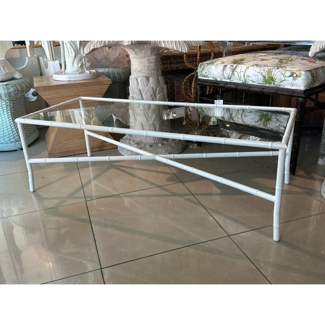 Vintage Palm Beach faux bamboo metal coffee cocktail table. Completely restored to perfection! New glass top, newly...