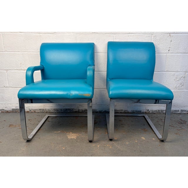 Metal Vintage Blue Vinyl Flat Bar Chrome Dining Chairs - Set of 6 For Sale - Image 7 of 17