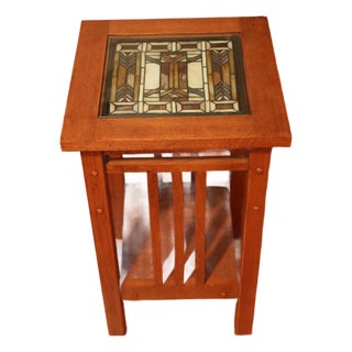 21st Century Frank Lloyd Wright Inspired Solid Wood Accent Table With Stained Glass Inset For Sale