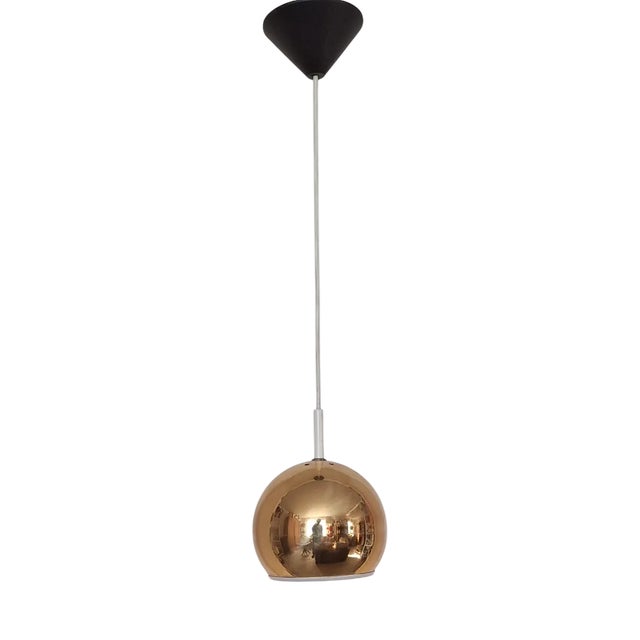 Vintage Ceiling Lamp with Spherical Gold-Colored Metal Shade and White Reflector, 1970s For Sale