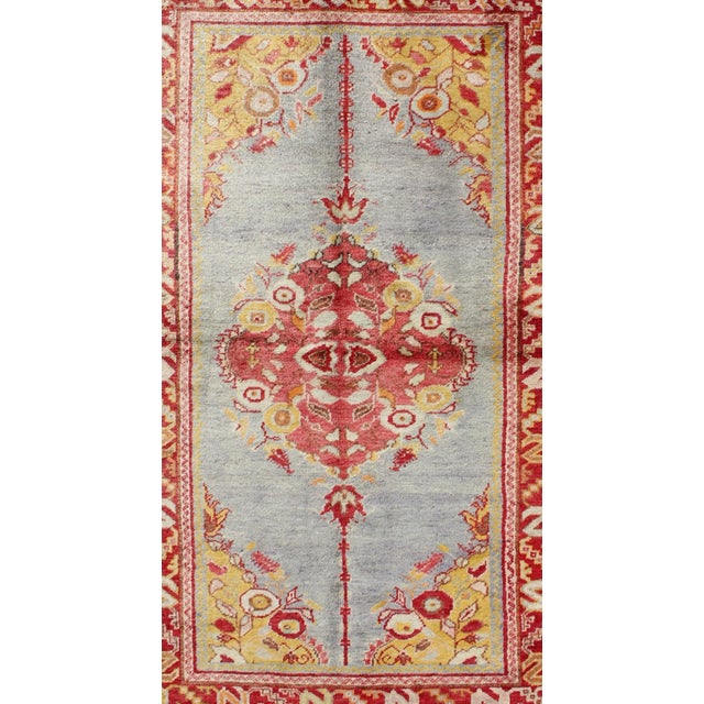 Vintage Turkish Oushak Rug in Sky Blue, Crimson Red, and Golden Yellow 3'6"x6'0" For Sale - Image 4 of 6