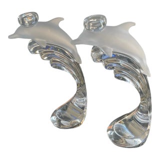 1980s Lenox Crystal Dolphin Candle Sticks - Pair For Sale