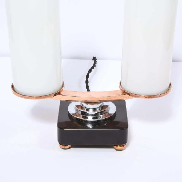 Art Deco Machine Age Skyscraper Style Chrome, Copper & Vitrolite Table Lamp For Sale - Image 4 of 9