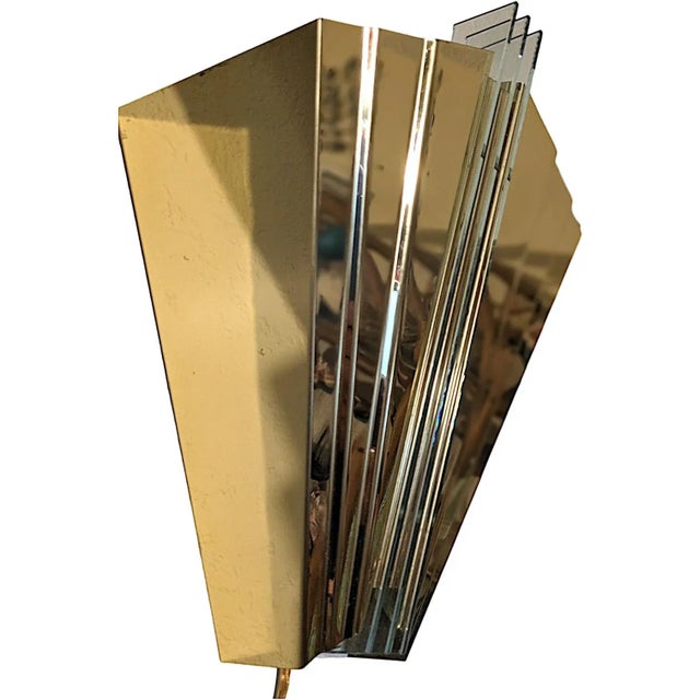 1980s French Art Deco Revival Skyscraper Style Brass and Glass Wall Sconces For Sale - Image 4 of 7