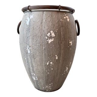 Asian-Inspired Contemporary Planter With Rustic Patina & Brass Handles For Sale
