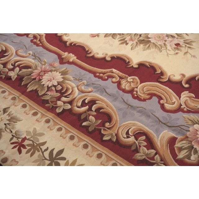 9x12 Vintage Aubusson Flat Weave Wool Rug, Burgundy Rose Medallion For Sale - Image 9 of 12