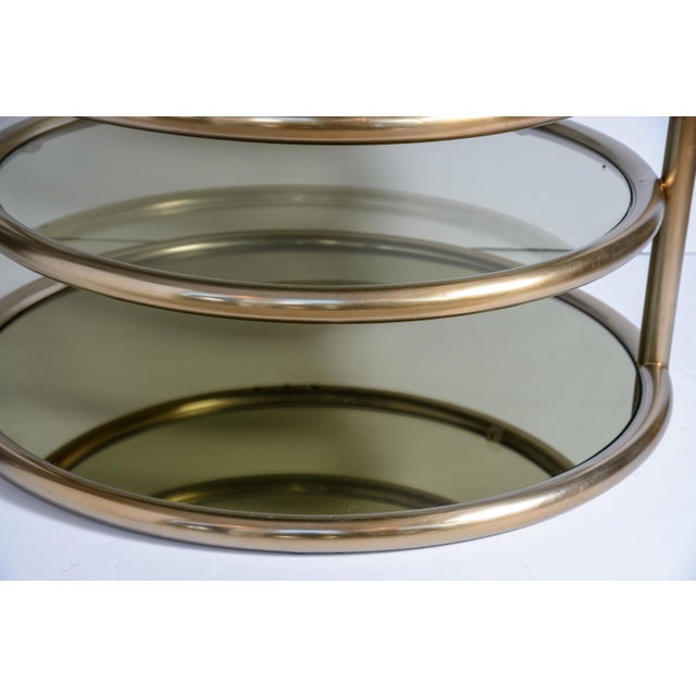 Milo Baughman Style Four-Tier Brass and Smoked Glass Swivel Accent Table For Sale - Image 9 of 9