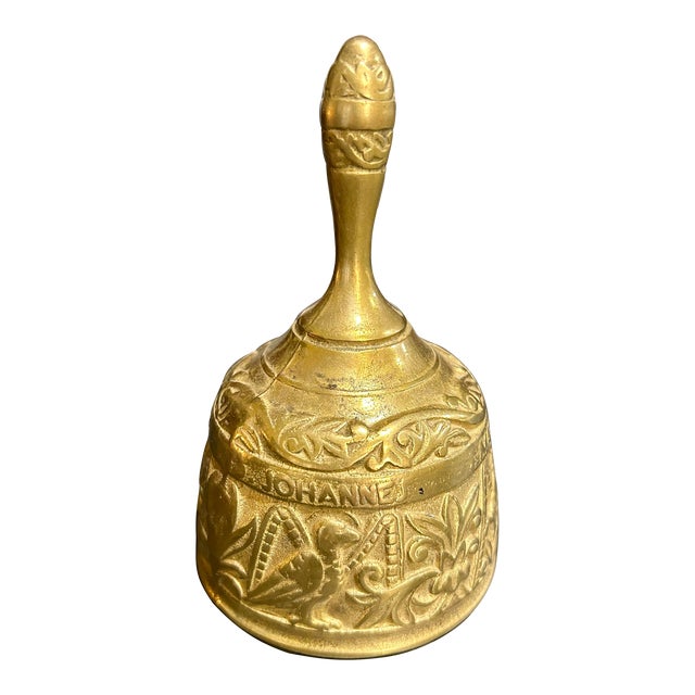 Vintage Solid Brass Sanctuary Bell Featuring Embossed Apostles and Animal Guardians For Sale
