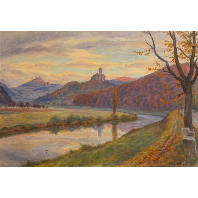 Heinrich Pforr, Two Castles View: River Idyll, Spangenberg Castle, Oil Painting on Canvas, in Very Good conditions....
