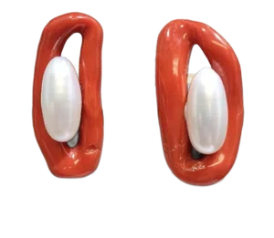 Pair of Natural Coral Loops and Freshwater Pearl Earrings in 18k Yellow Gold.