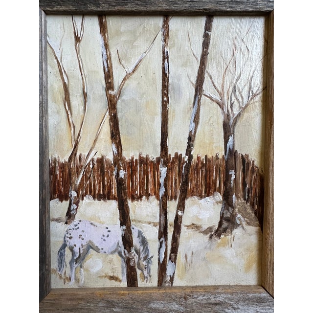 American Vintage Original Oil Painting Horse in Snowy Landscape, Framed For Sale - Image 3 of 17