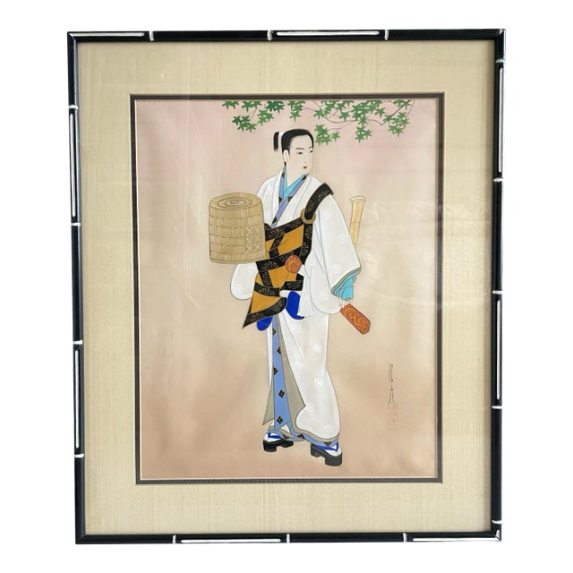 Torii Kiyonaga “Girl With a Birdcage” Silkscreen Painting Signed For Sale