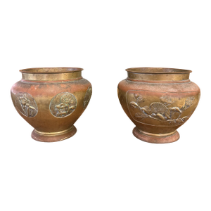 1970s Pair of Japanese Art Nouveau Style Brass Vase Planters